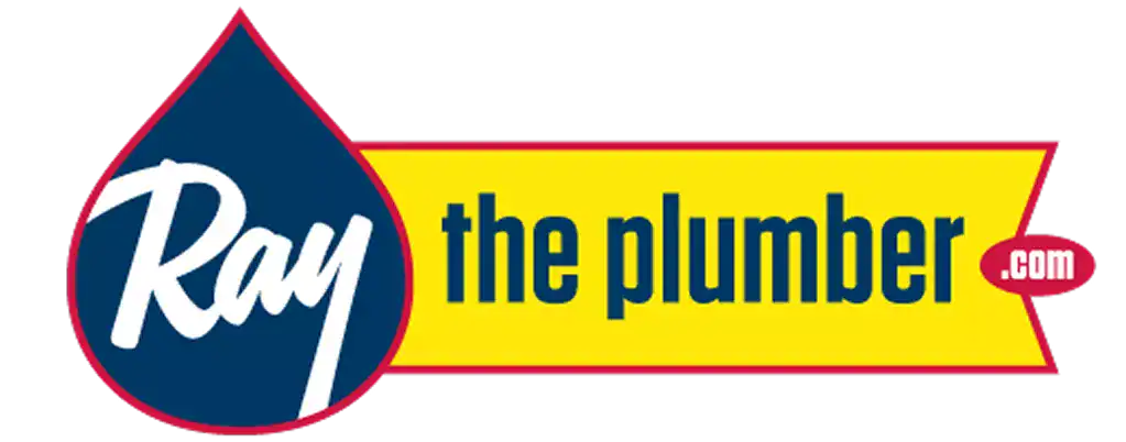 Logo for “Ray the Plumber” featuring a blue water drop with “Ray” in white script and a yellow rectangle with “the plumber .com” in bold print.