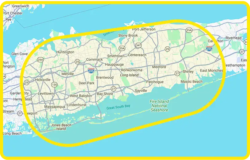 A map of central Long Island, New York, with a yellow oval outlining key towns such as Huntington, Smithtown, Islip, Brentwood, and Patchogue.