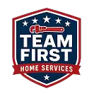 A shield-shaped logo with a red pipe wrench above “TEAM FIRST” and “HOME SERVICES” on a red banner, surrounded by five white stars.