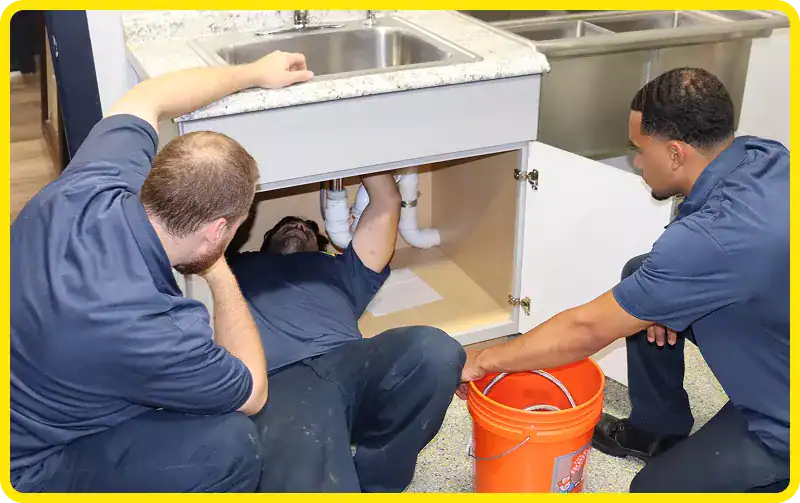 Three plumbers in uniforms work under a kitchen sink; one is lying on his back under the pipes, while the others assist, with an orange bucket nearby.