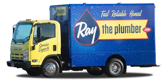 A blue and yellow service truck with “Ray the Plumber” and “Fast Reliable Honest” written on the side, parked on a white background.