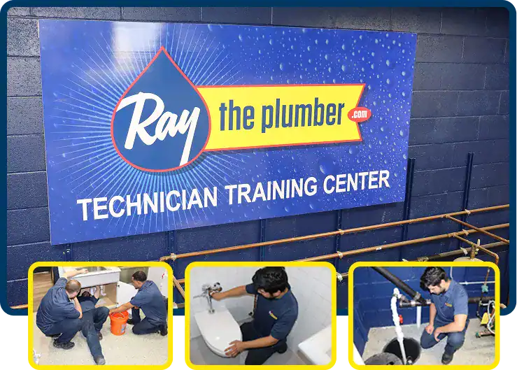A sign reads “Ray the Plumber Technician Training Center” on a blue wall; three smaller images show people performing plumbing tasks at sinks and pipes.