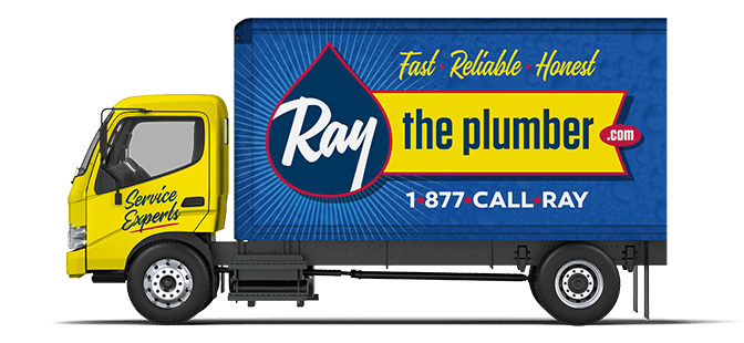 A service truck with “Ray the Plumber” branding, contact number for easy contact, and slogans “Fast Reliable Honest” and “Service Experts” on the side.